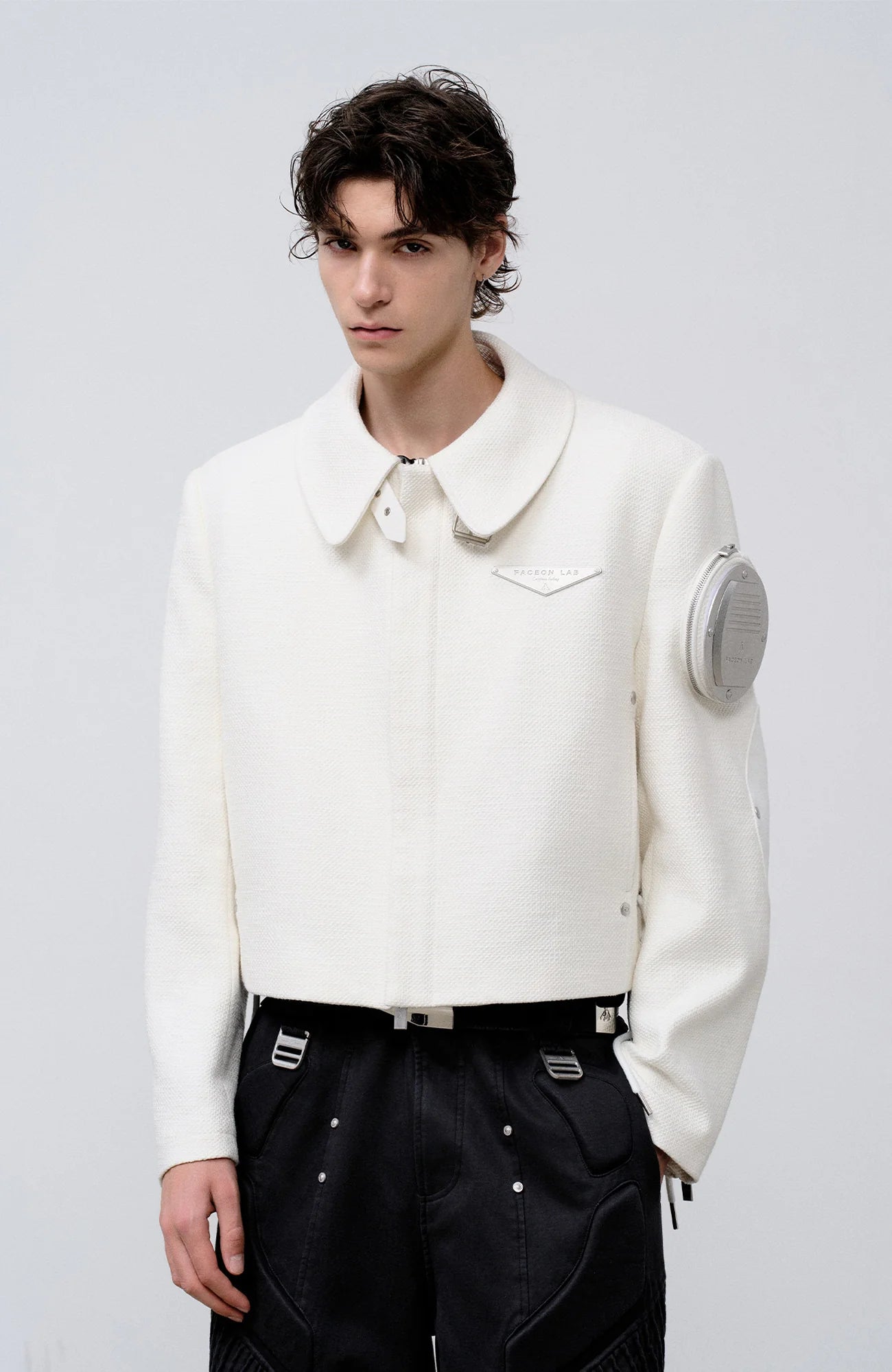 FACEONLAB Arm-Patched Cropped Naval Jacket White