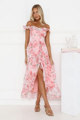 Whispering Blossoms Off Shoulder Maxi Dress Pink