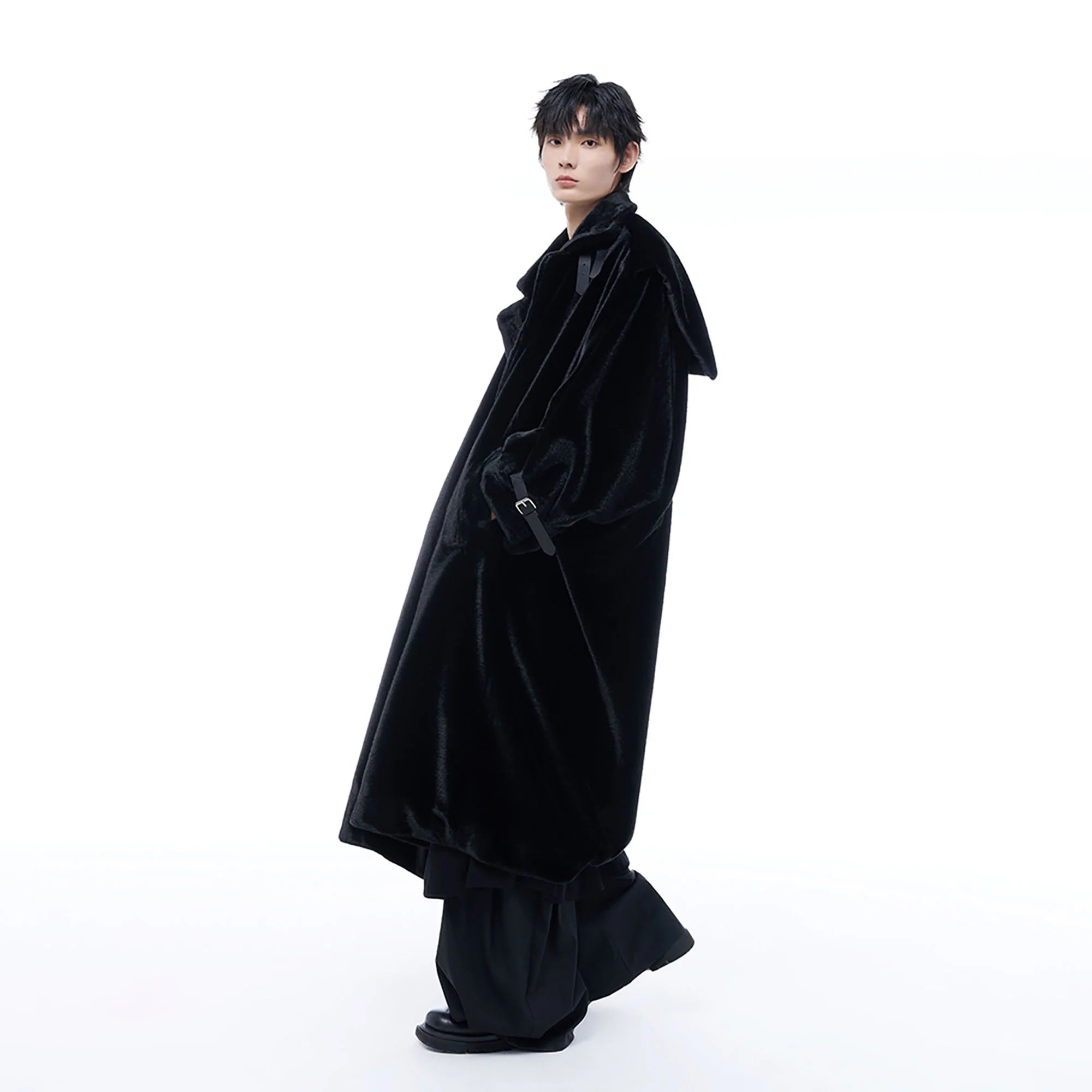 TUIMU Belted High Collar Faux Mink Overcoat