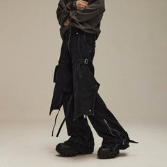 FLYERRER Spliced Faux-Layered Strap Zipper Pants