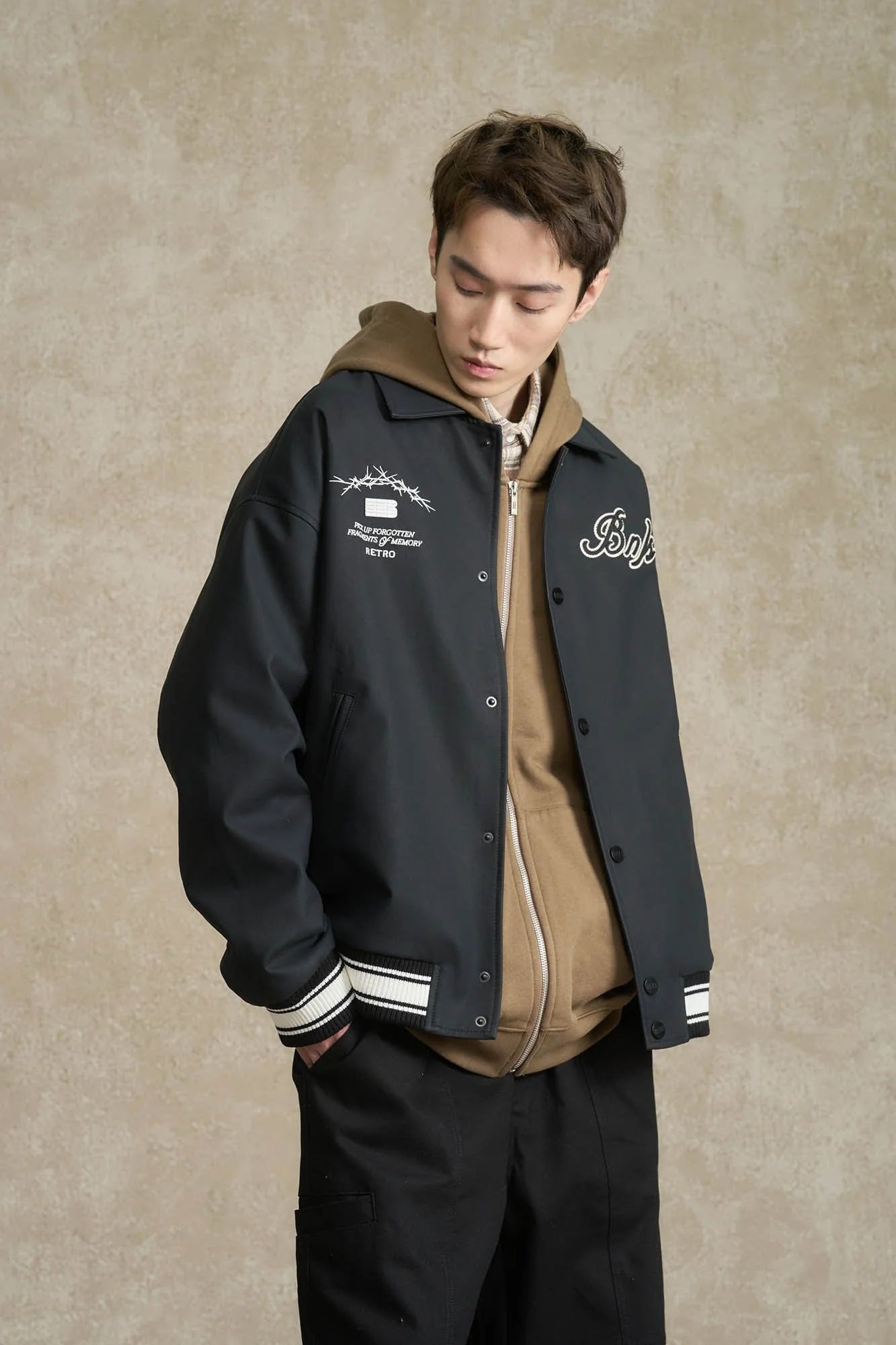 BONELESS Embroidered Logo PU Varsity Jacket
