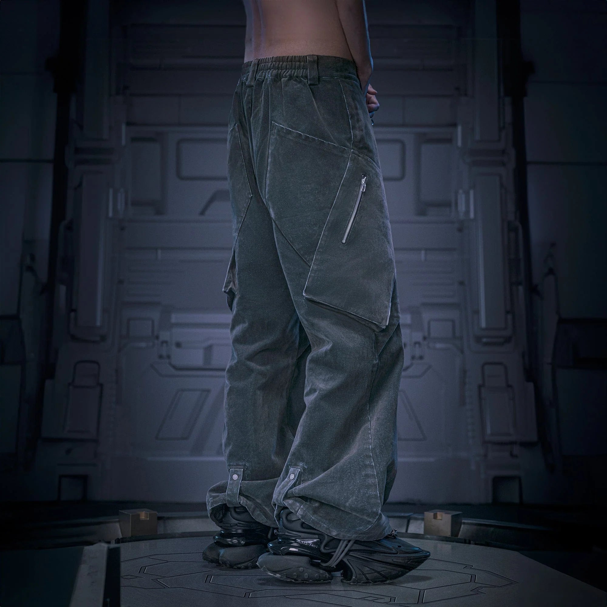 XIPHEVIL Layered Paneled Robotic Wide-Leg Pants