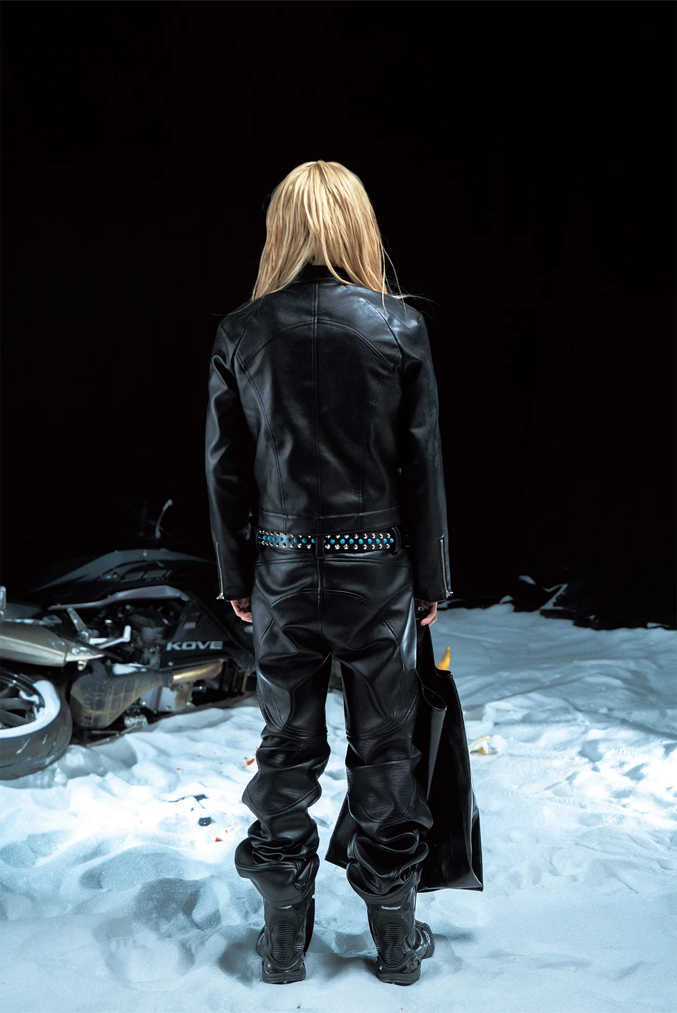 PCCVISION Pleated Knee Flare Faux Leather Pants