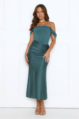 Out Tonight Edit Off Shoulder Mesh Satin Maxi Dress Teal