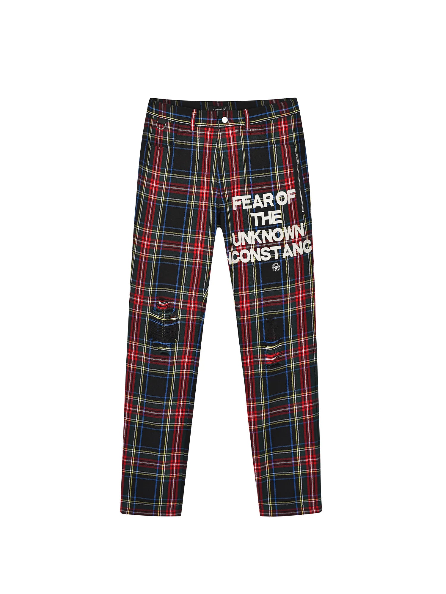 VENTUREK Distressed Zippered-Hem Slogan Slim Plaid Pants
