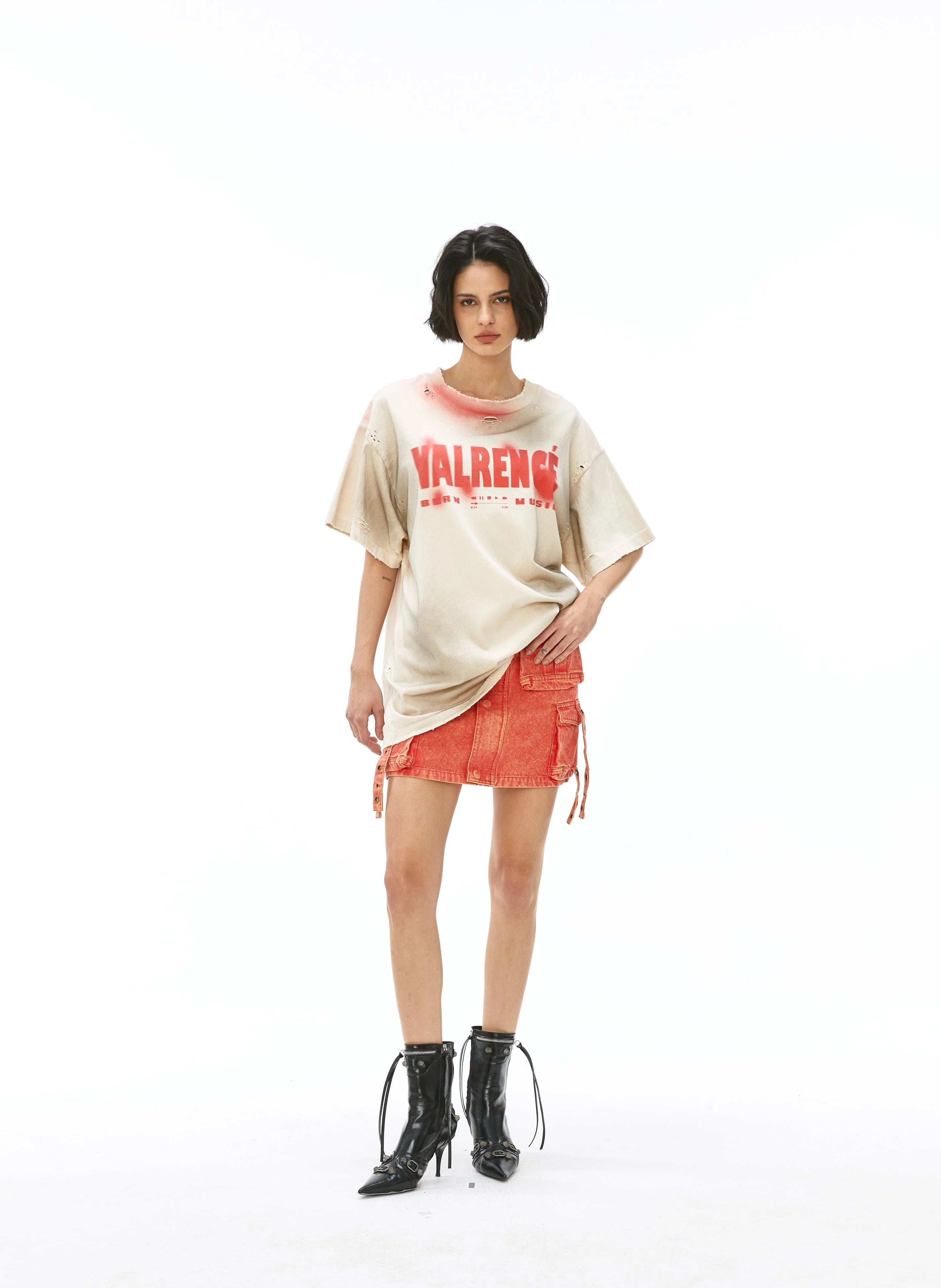 VANN VALRENCE Distressed Washed Spray Faded LOGO T-Shirt