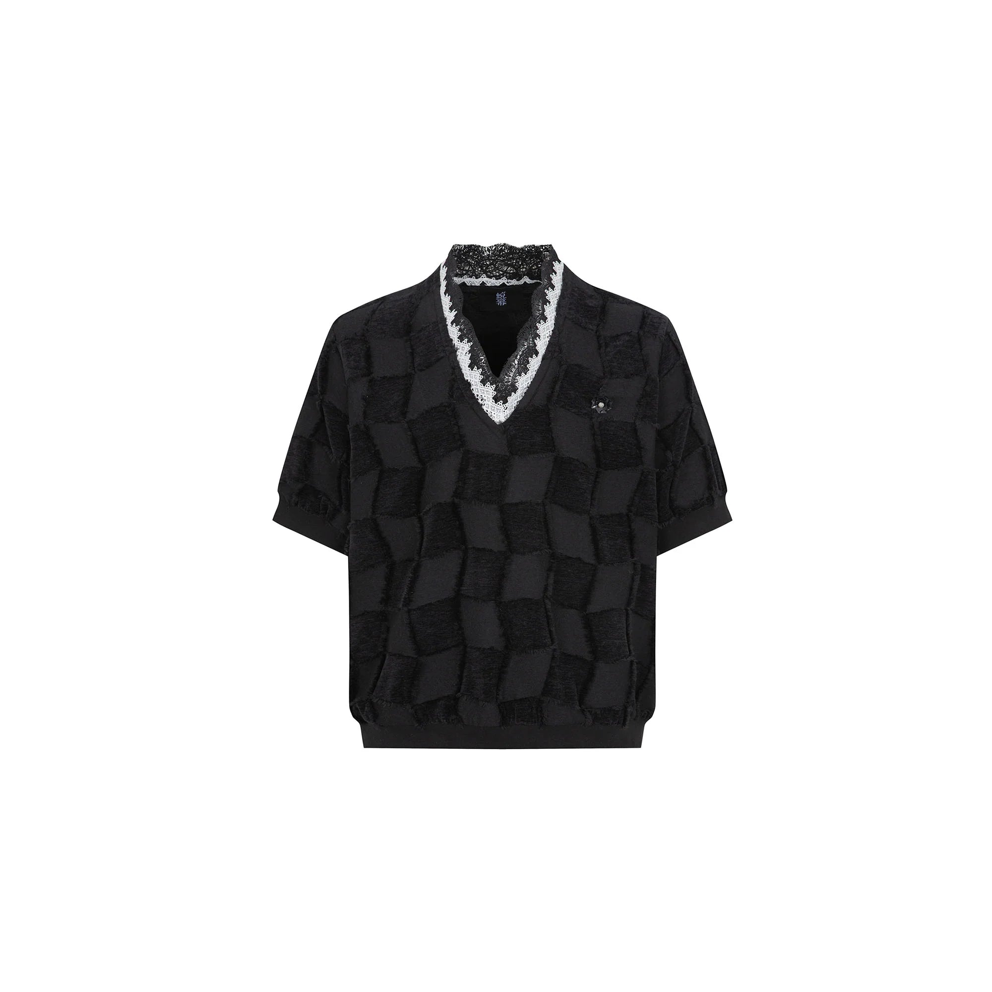 TUIMU Lace-Trim V-Neck Check T-Shirt