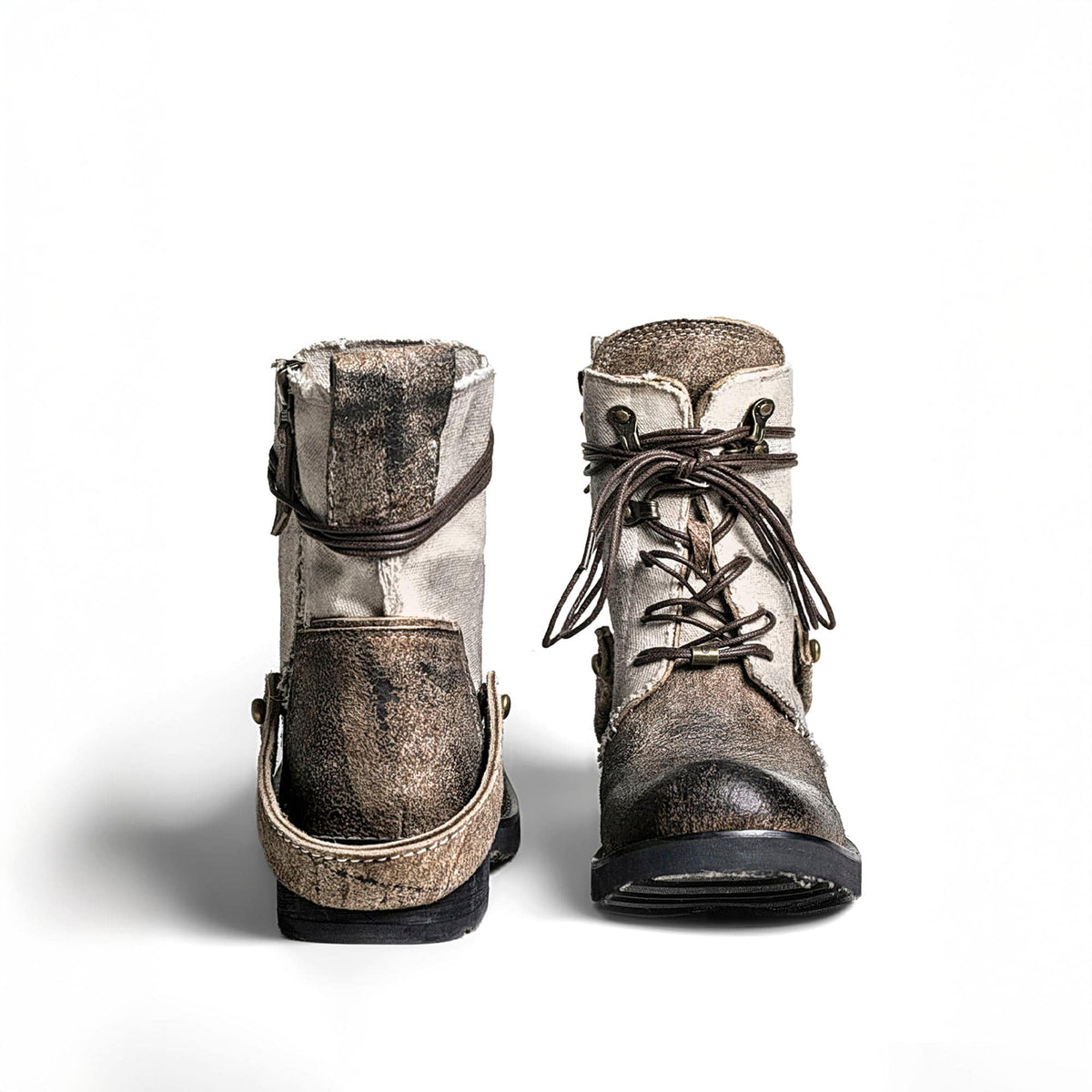 REWRITE Distressed Contrast Canvas-Leather Combat Boots