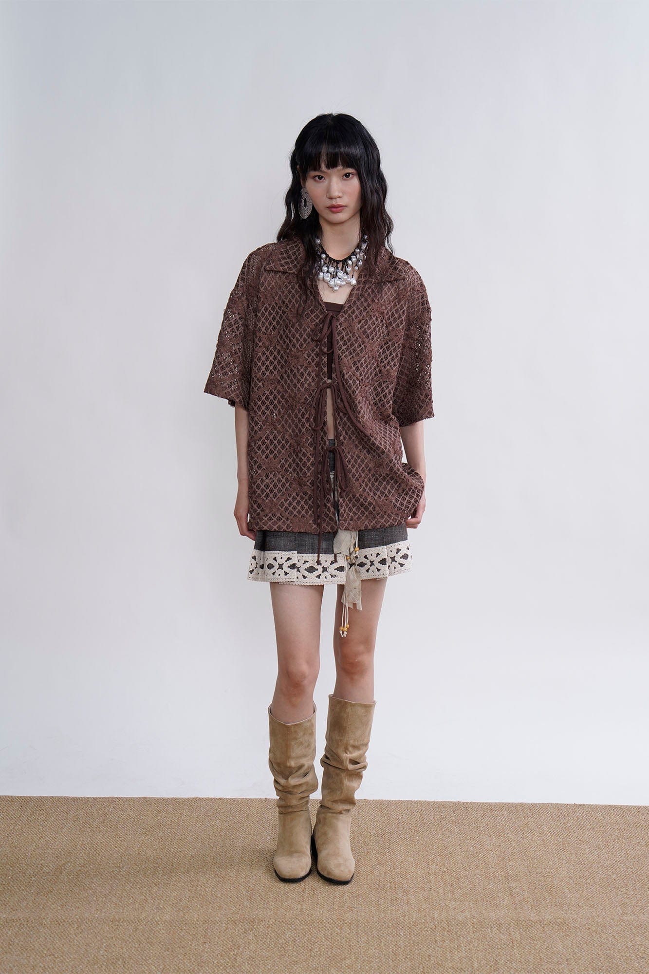 ORAL UTOPIA Crochet Tie-Front Sheer Cuban Half Shirt