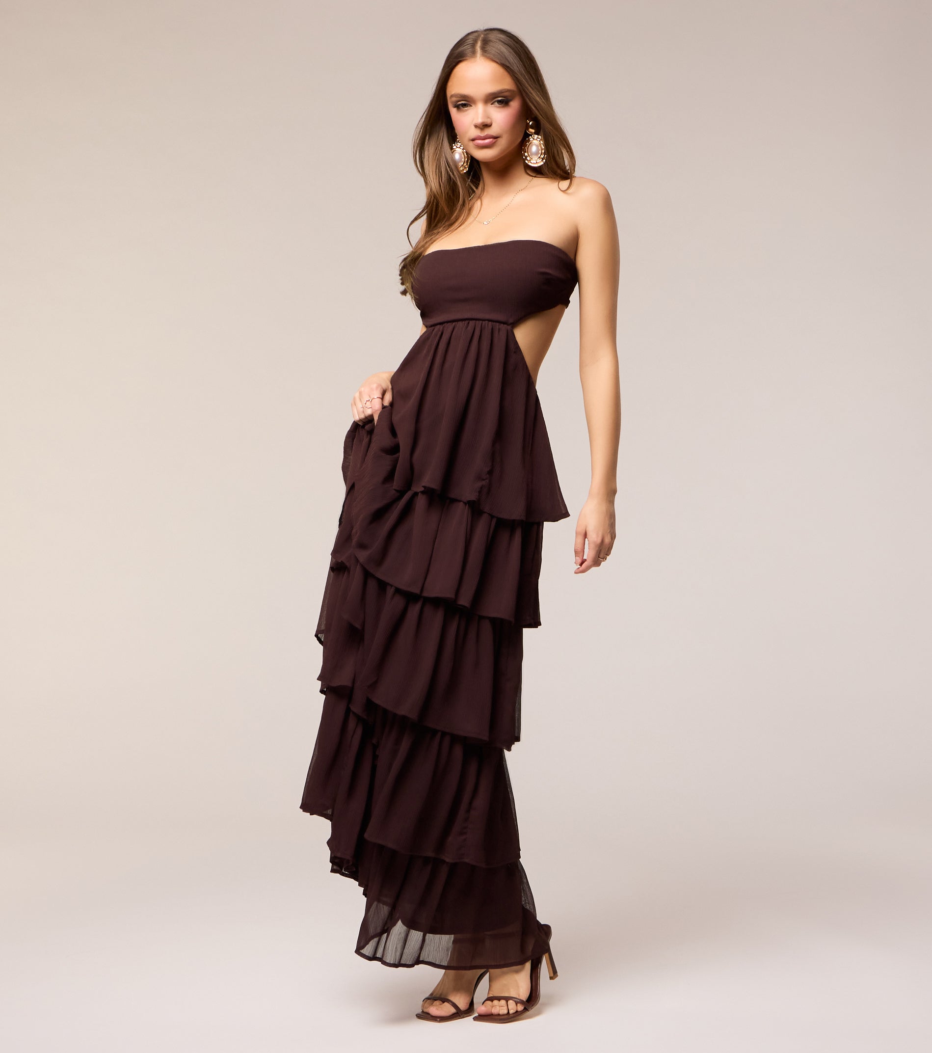drama ruffle tiered maxi dress Warehouse Women's Tulle Floral Plunge Neck Flutter Sleeve Tier Maxi Dress in Blue