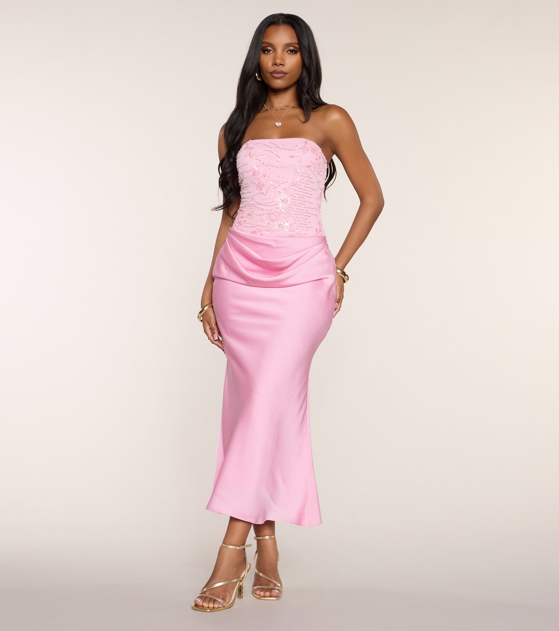 Satin Glow Strapless Beaded Midi Dress