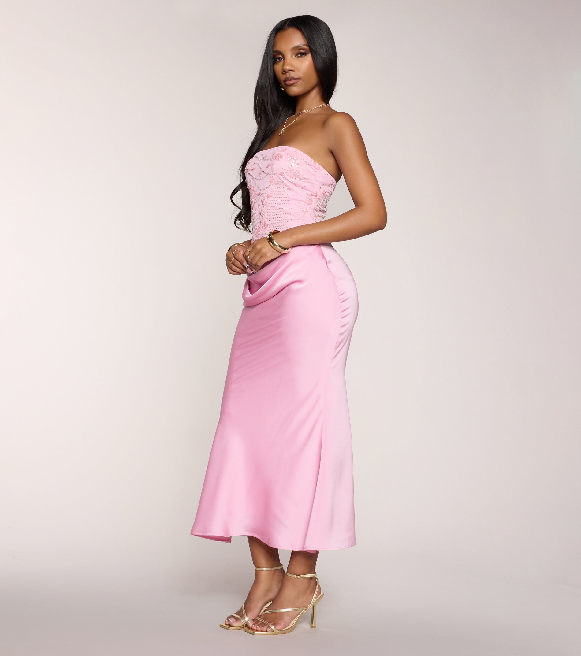 Satin Glow Strapless Beaded Midi Dress