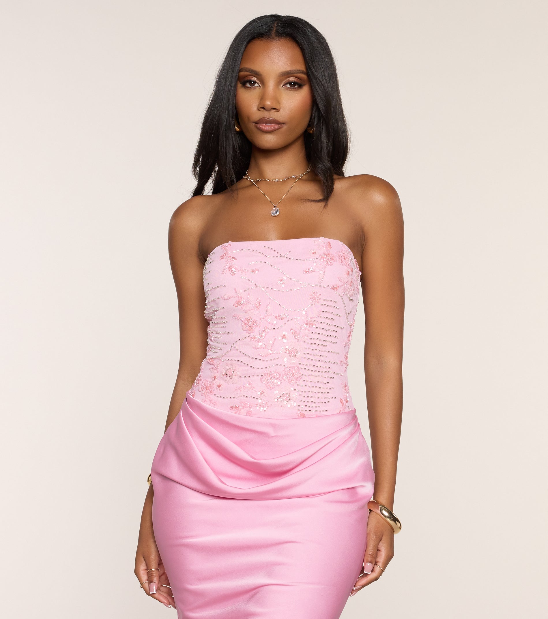 Satin Glow Strapless Beaded Midi Dress