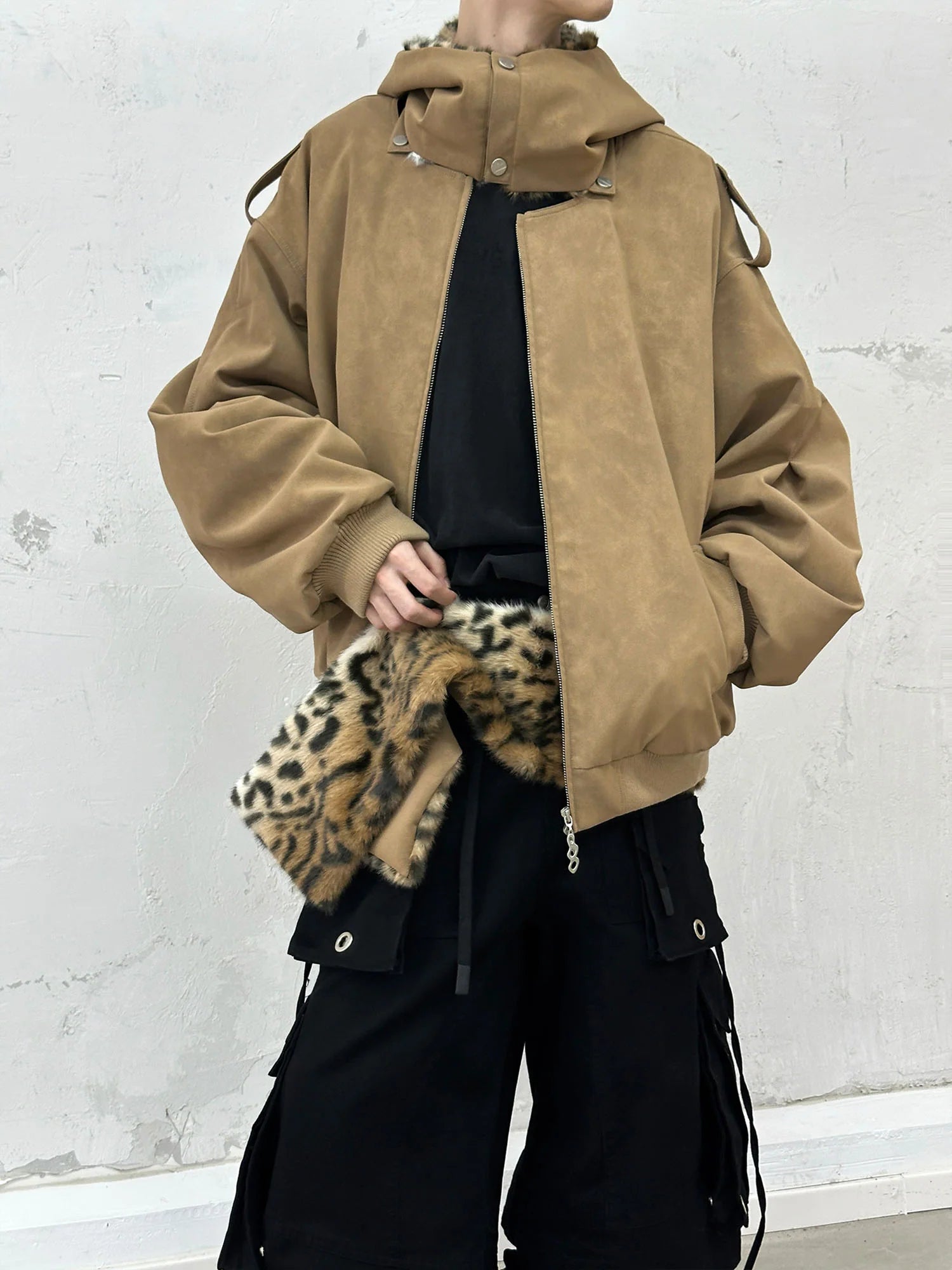 RELABEL Detachable Plush Scarf Hooded Suede Jacket Brown