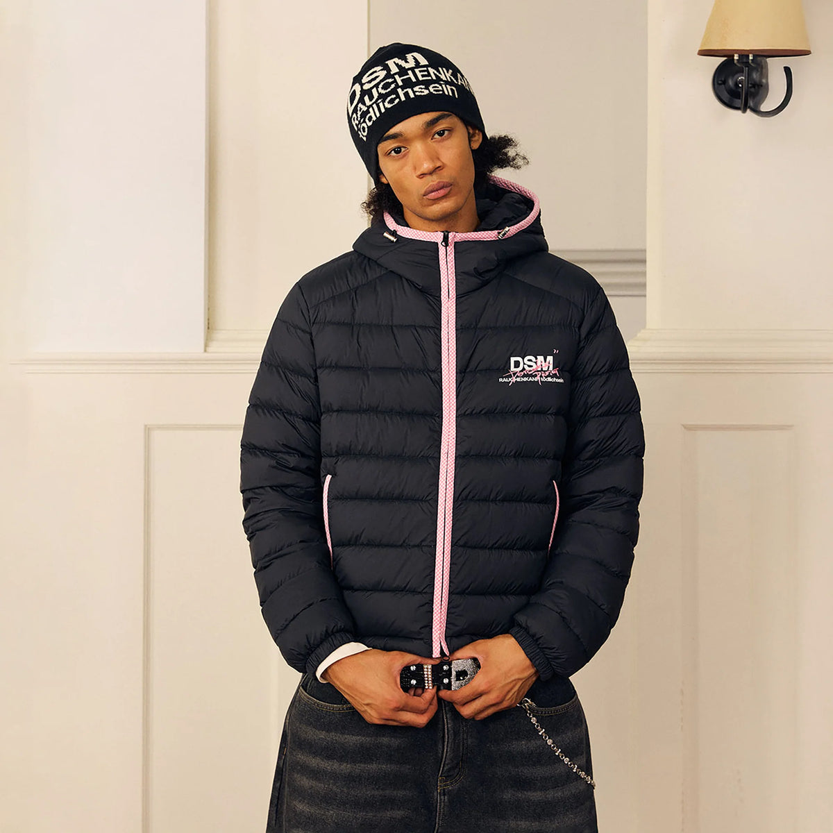 DONSMOKE Plaid Trim Hooded Down Puffer