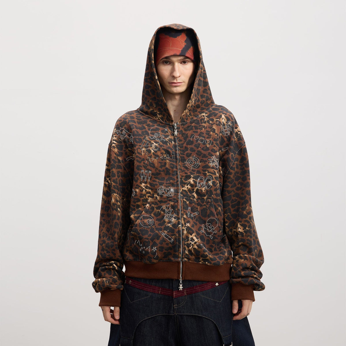 DND4DES Cartoon Rhinestone Leopard Zip-Up Hoodie