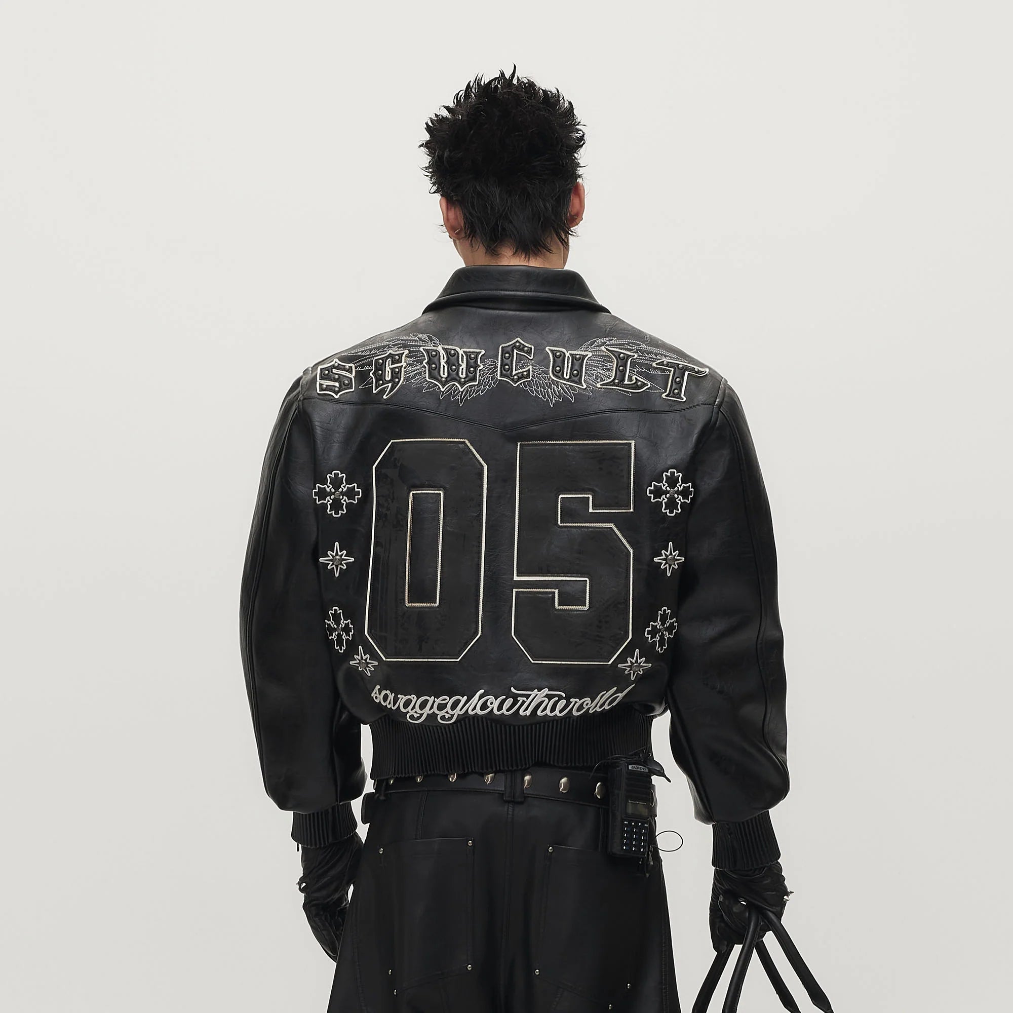SAVAGEGROWTHWORLD No.05 Patch Faux Leather Studded Moto Jacket