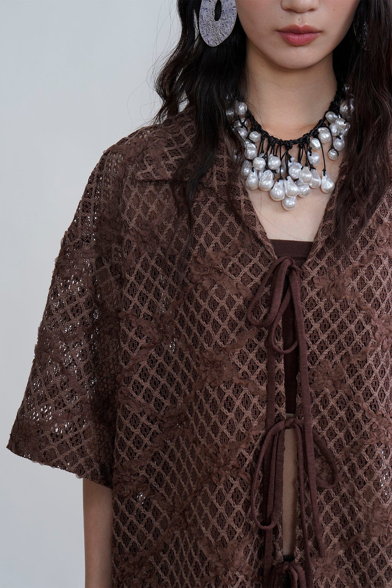 ORAL UTOPIA Crochet Tie-Front Sheer Cuban Half Shirt