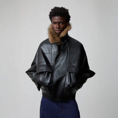 OPICLOTH Detachable Faux Fur-Collar PU Bomber