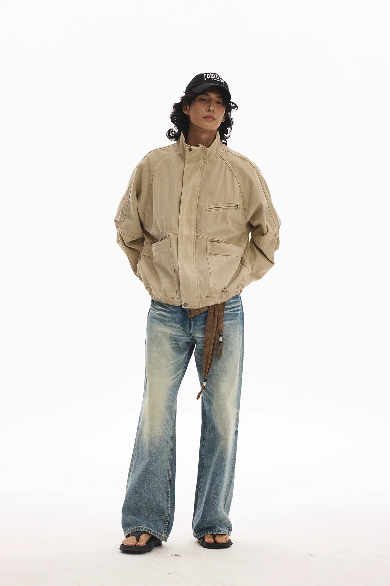 LEONSENSE Utility Raglan Stand-Collar Denim Jacket