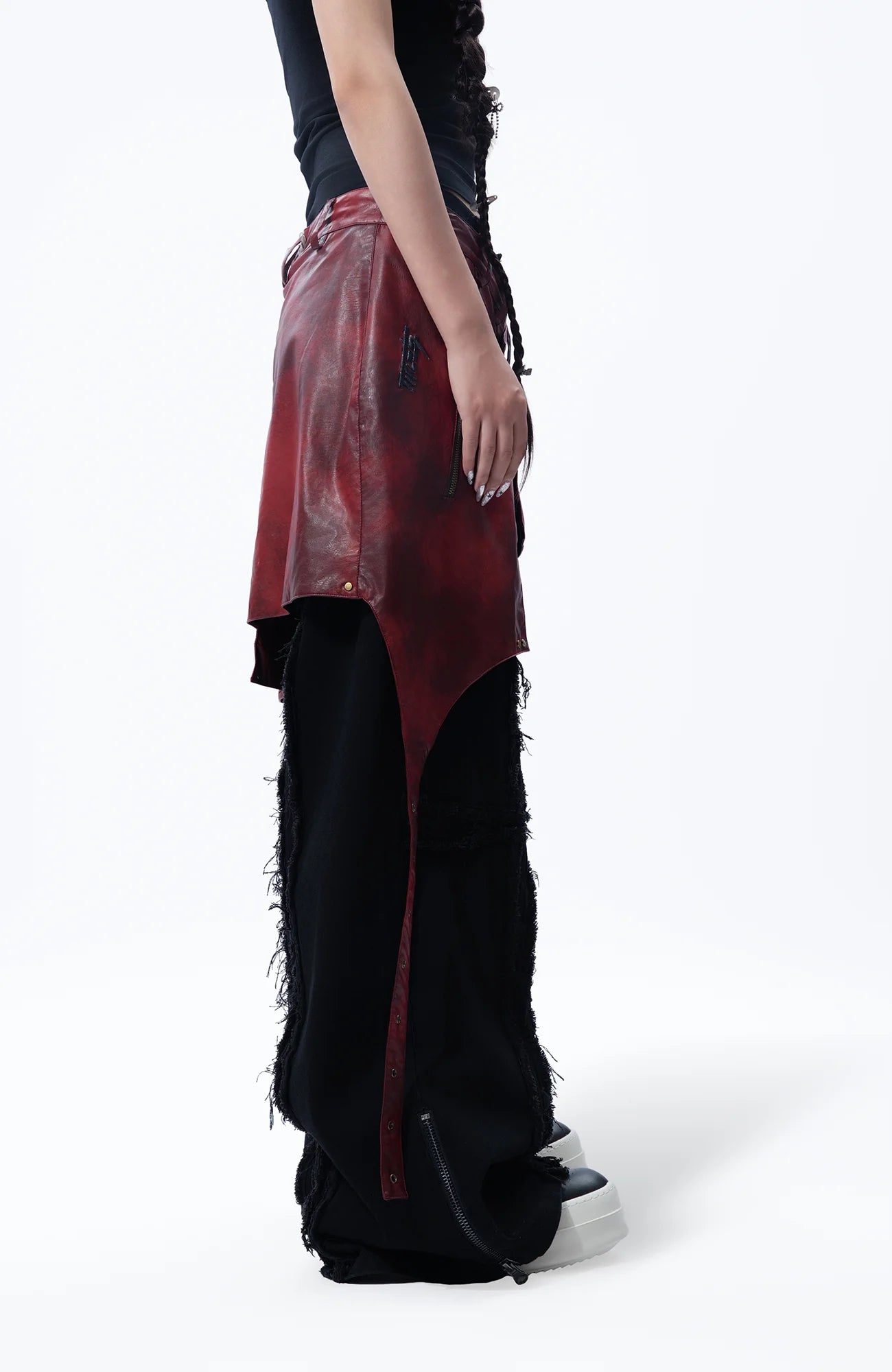 MOGONGSHE Detachable PU Drape  Frayed Cross Jeans