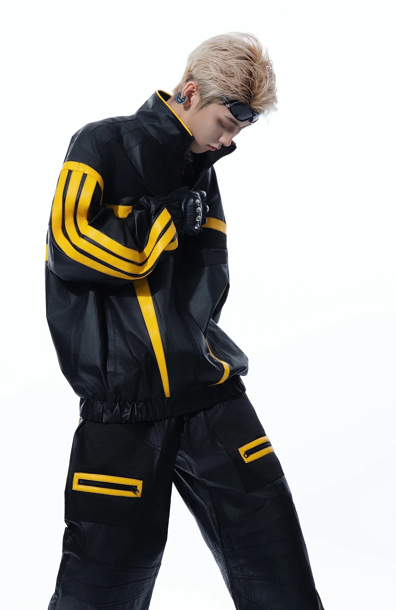 MOGONGSHE Contrast Stripe PU Moto Jacket