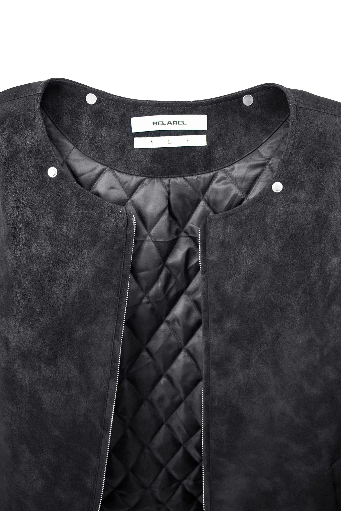 RELABEL Detachable Plush Scarf Hooded Suede Jacket Black