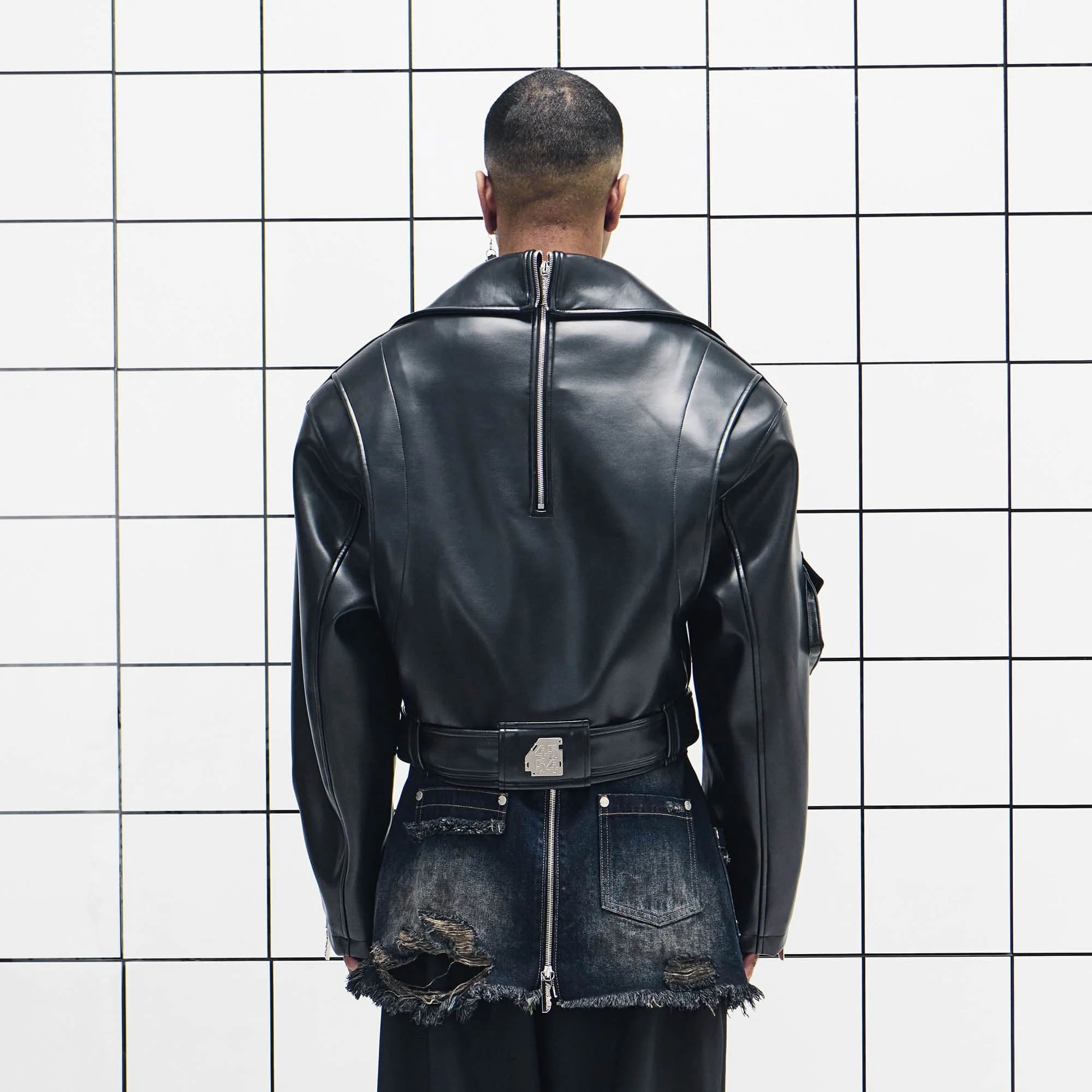 455EMBLE Asymmetrical Back-Zip Cropped PU Biker Jacket