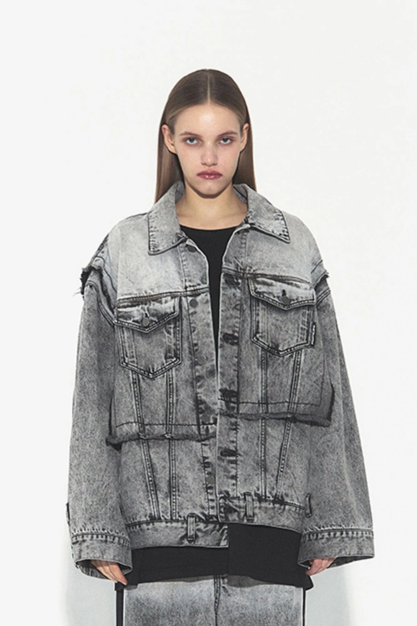 VANN VALRENCE Structural Panel Acid-Washed Oversized Denim Jacket