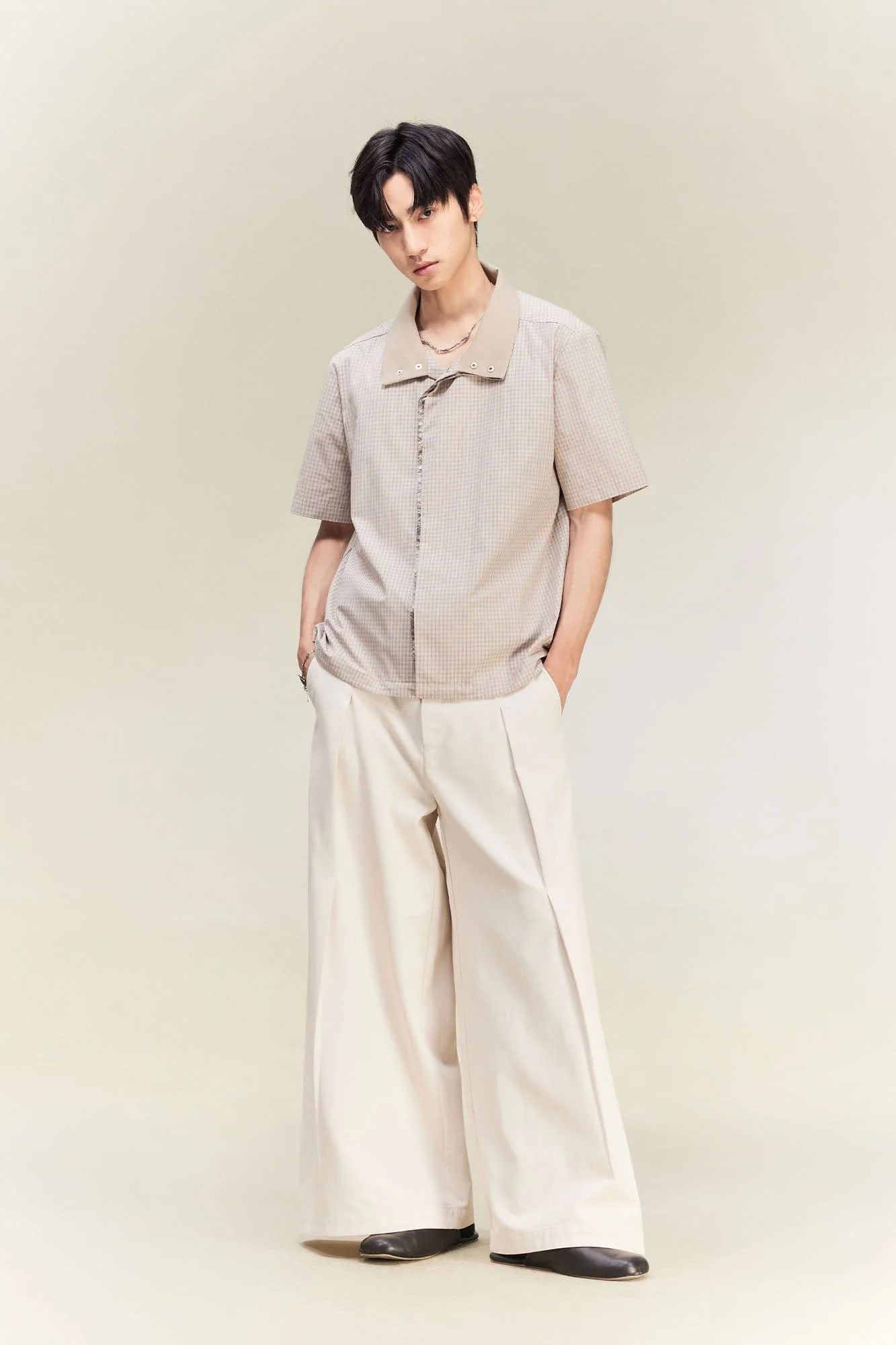 ALVNG AR ANTS Asymmetrical Snap Placket Mini Check Half Shirt