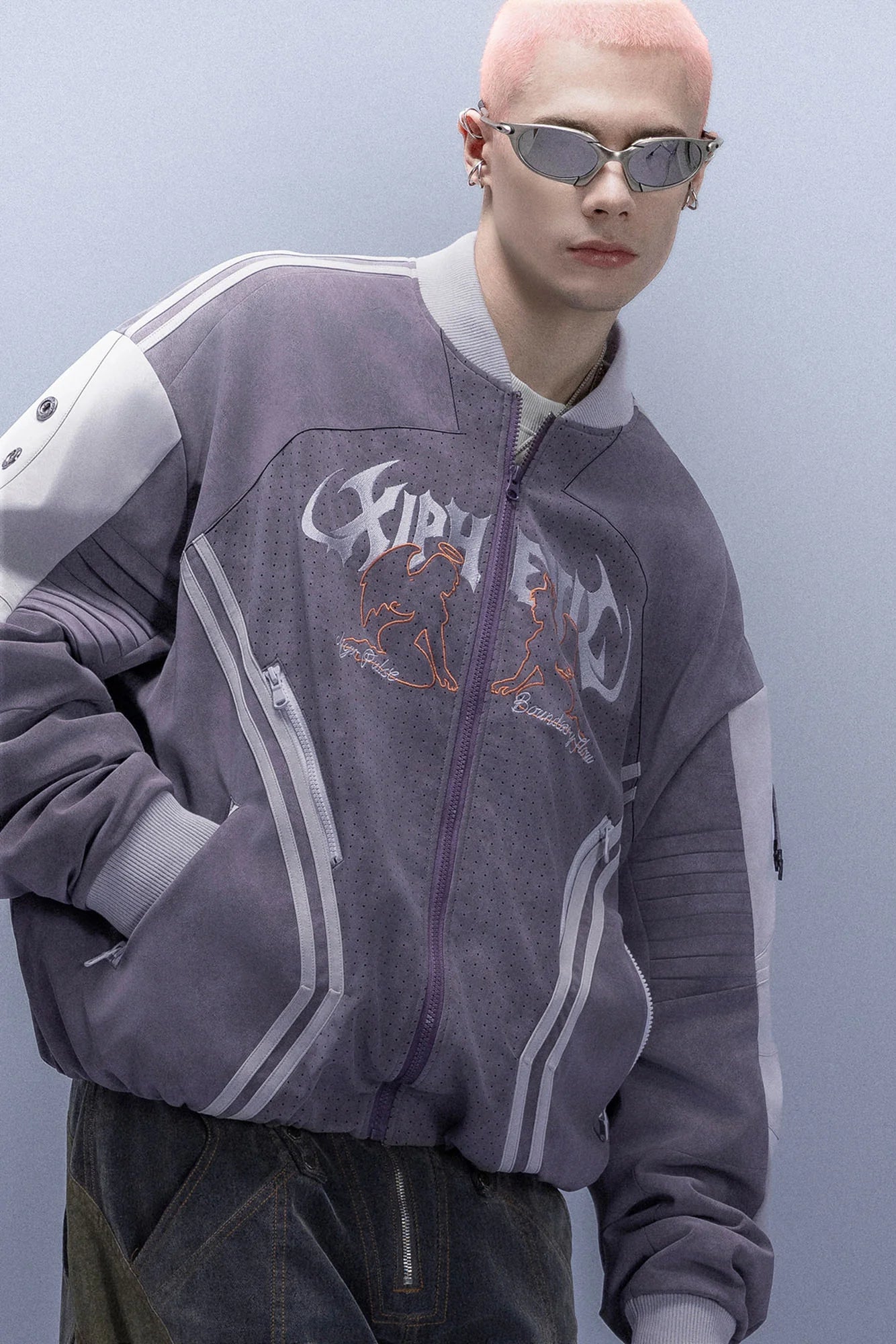 XIPHEVIL Faux Suede Embroidered LOGO Bomber Purple