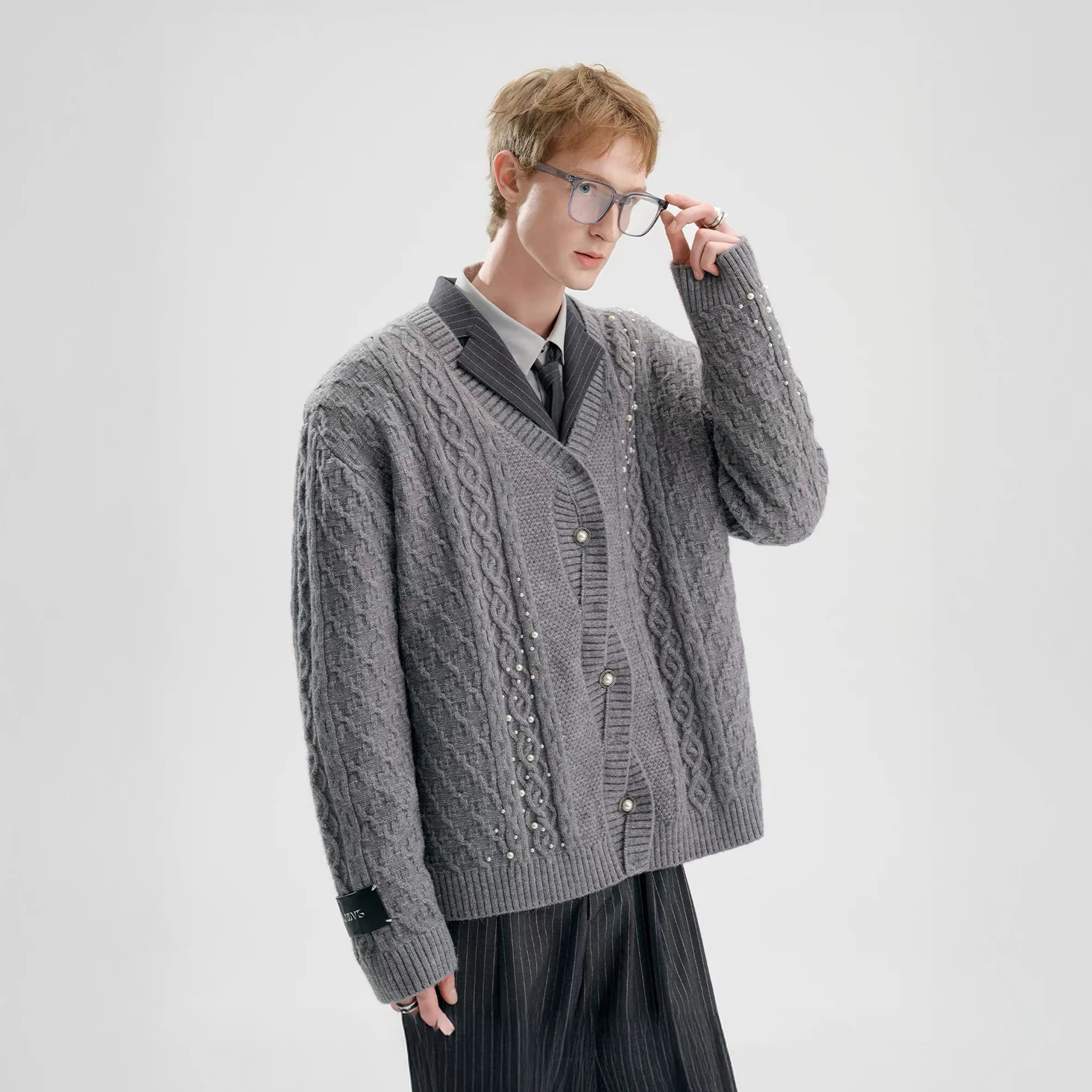 TIWILLTANG Pearl-Embellished Cable Knit Cardigan