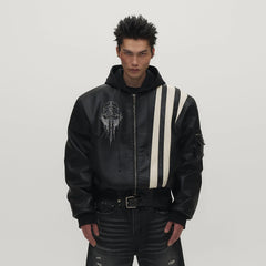 SAVAGEGROWTHWORLD Striped Faux Leather Padded Bomber Jacket