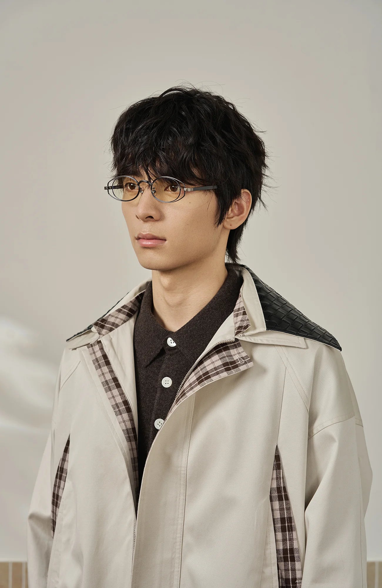 MOITIEDEPETALE Convertible Collar & Hood Plaid Pocket Jacket