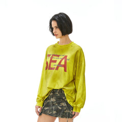 VANN VALRENCE Distressed Contrast Graphic Long-Sleeve Tee