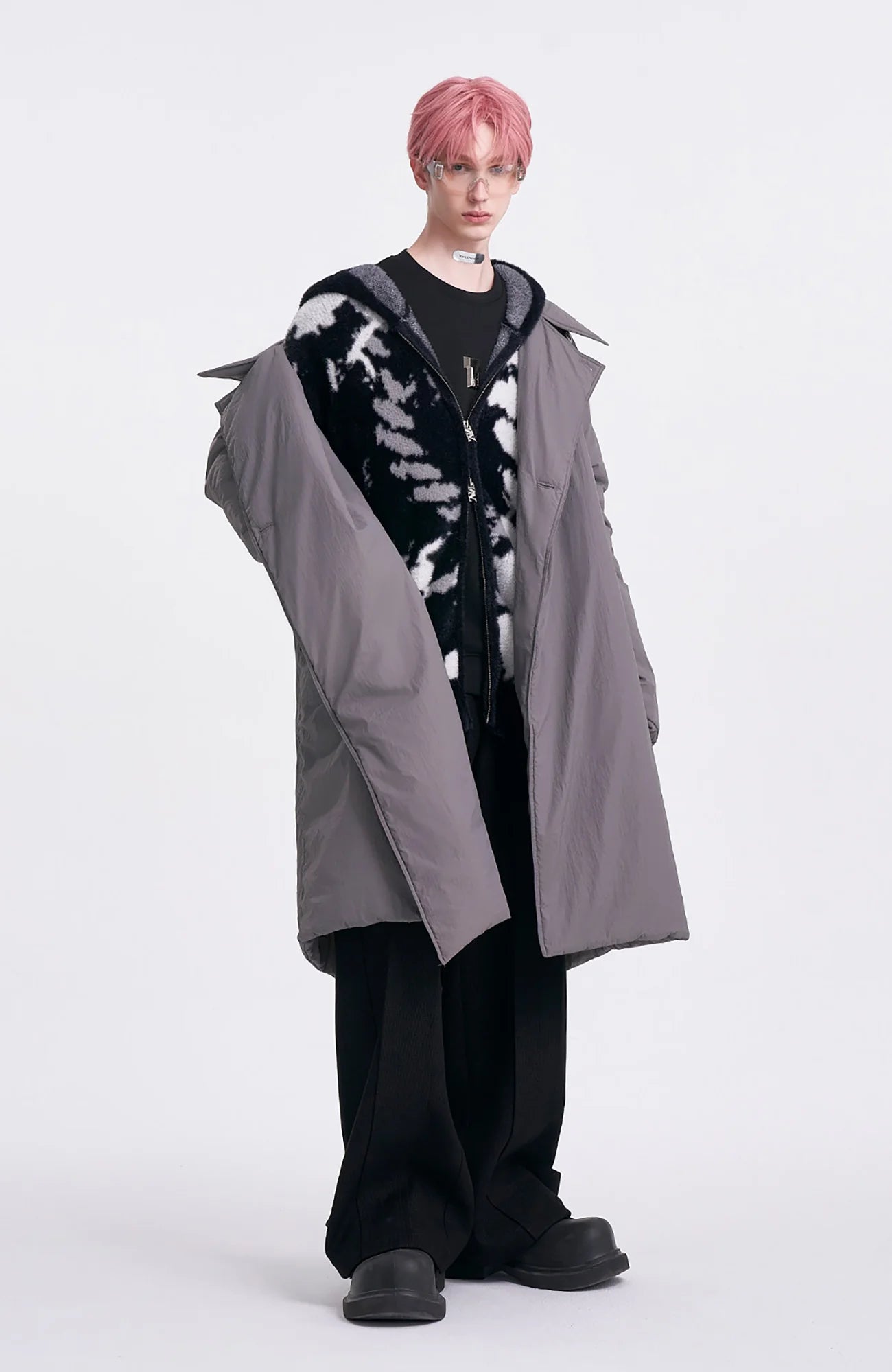 TIWILLTANG Contrast Jacquard Fuzzy Hooded Jacket