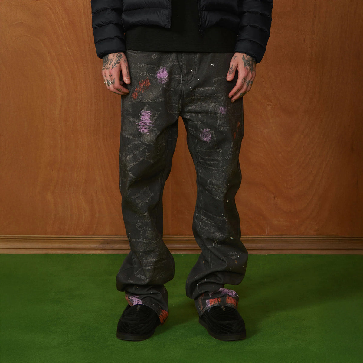 PMW Distressed Brush-Paint Straight-Leg Jeans