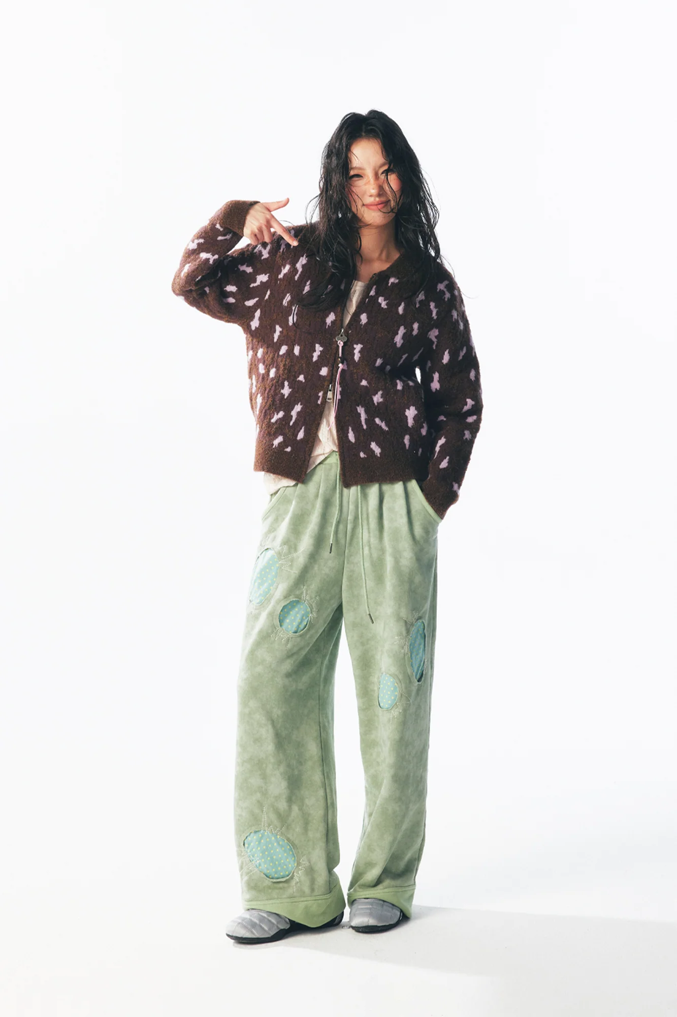 1997 POSTOFFICE Fuzzy Strawberry-Leopard Dual-Zip Knit Jacket