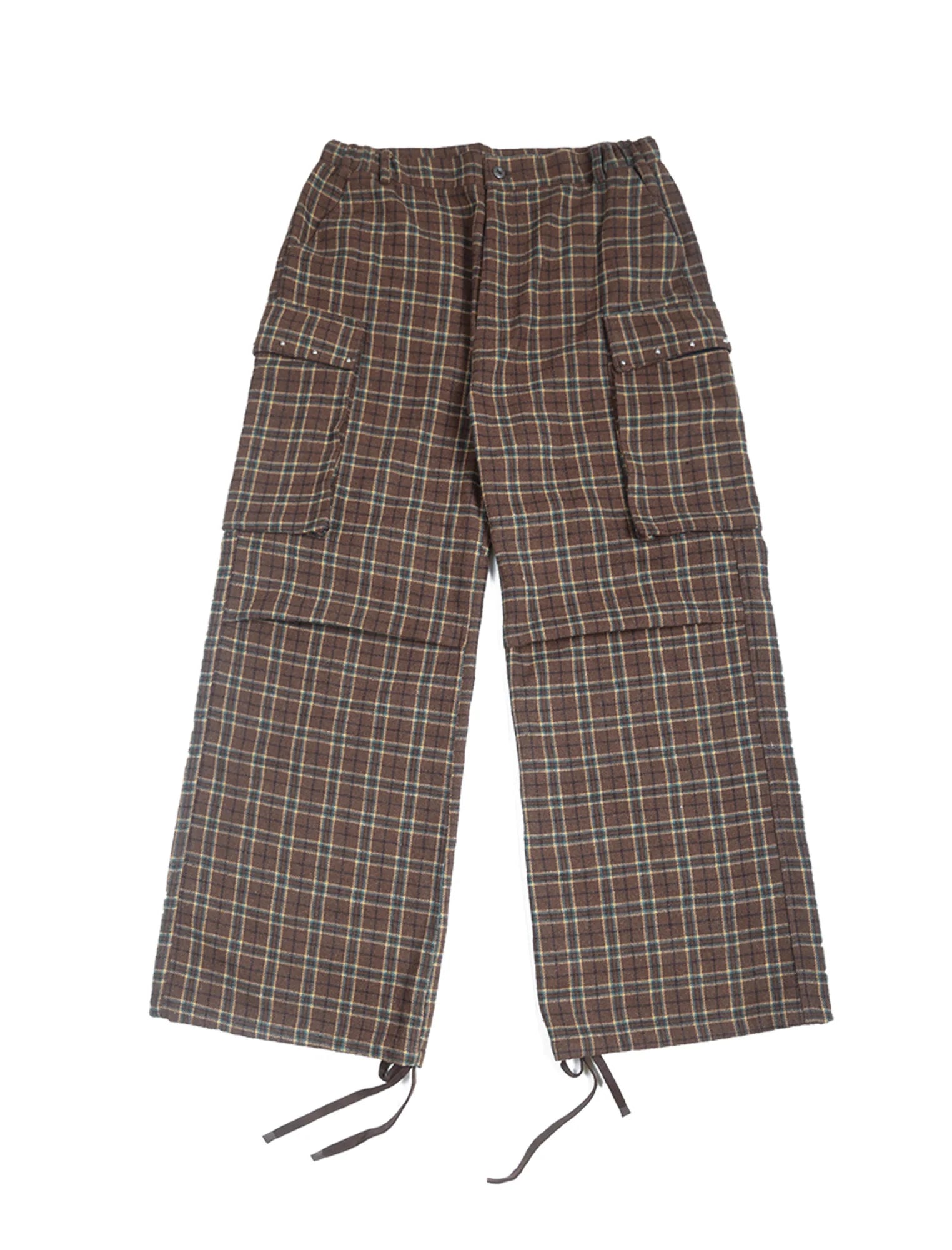 TRECLUB Plaid Pleated-Knee Wide-Leg Cargo Pants