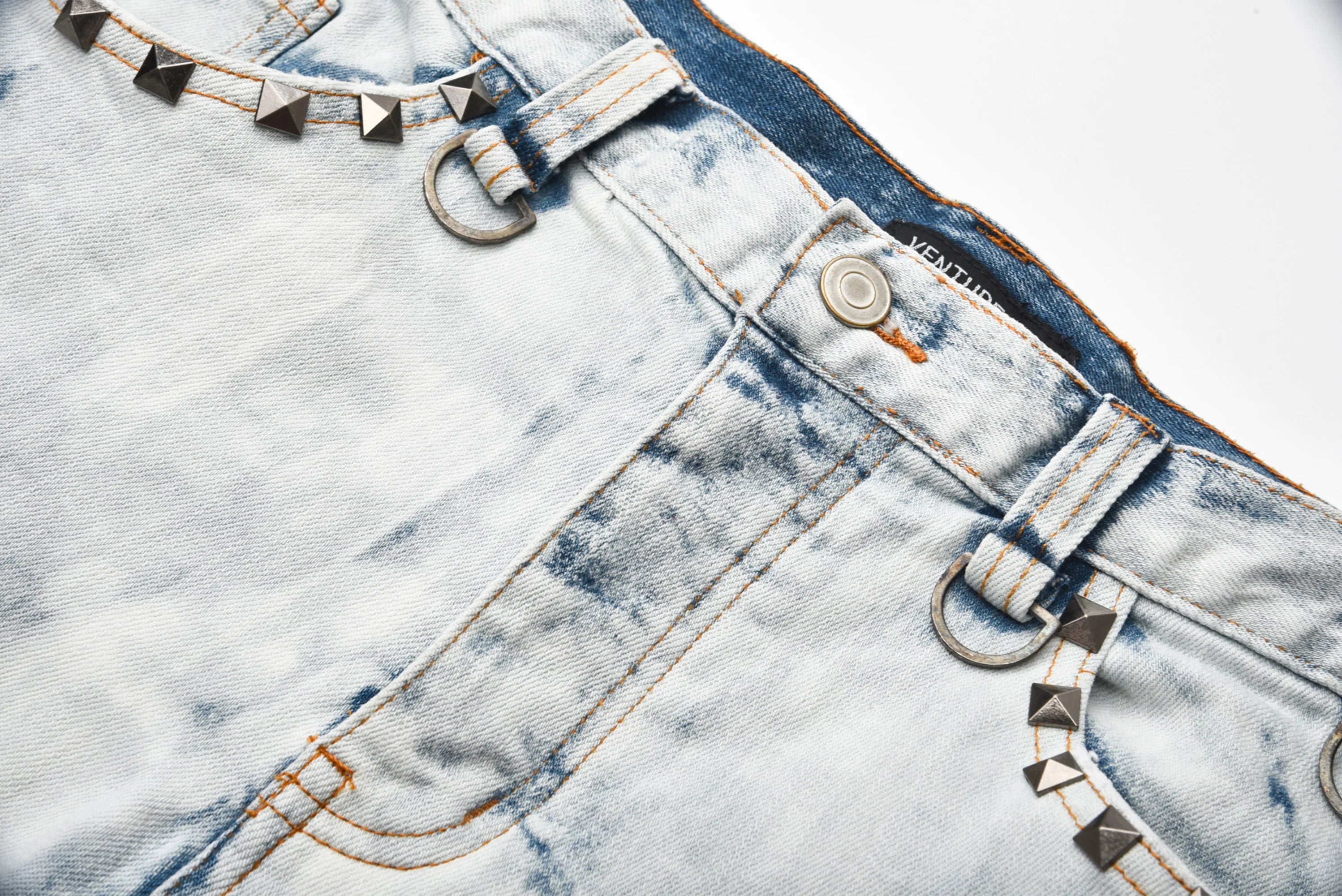 VENTUREK Distressed Washed Zippered Studded Slim Jeans