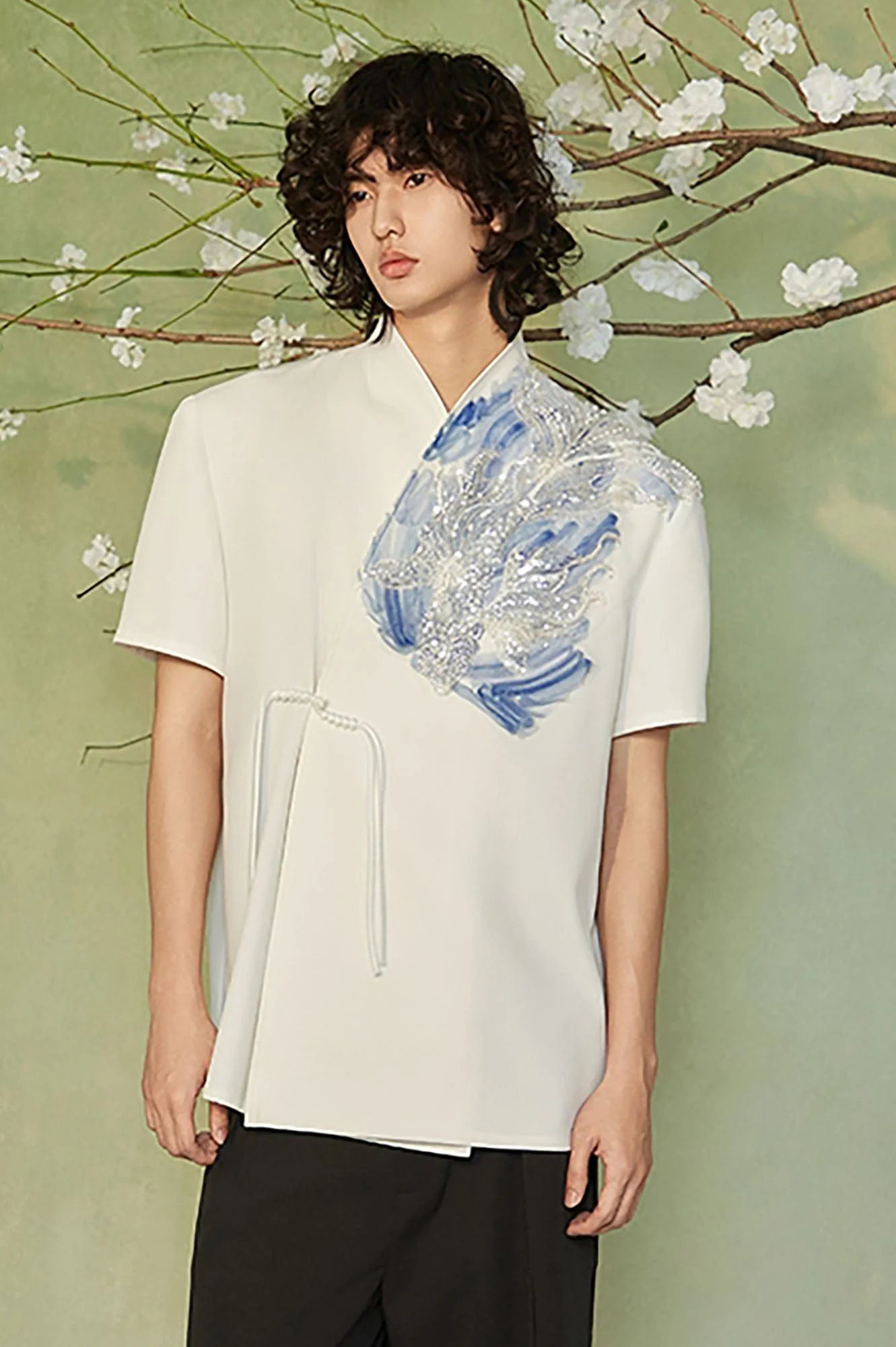 JIECHI Seascape Koi Embroidered Asymmetrical Half Shirt