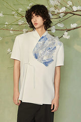 JIECHI Seascape Koi Embroidered Asymmetrical Half Shirt