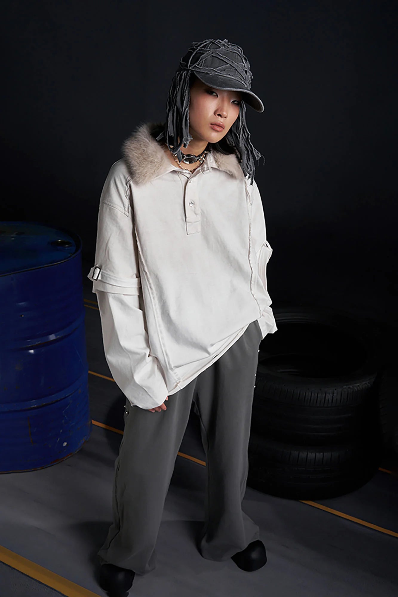 RECOVER ZONE Detachable Faux Fur Collar Long Sleeve Shirt