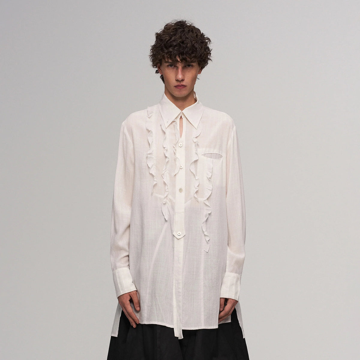 ILNya Nieternite Nifutur Sheer Ruffle Front Long Shirt