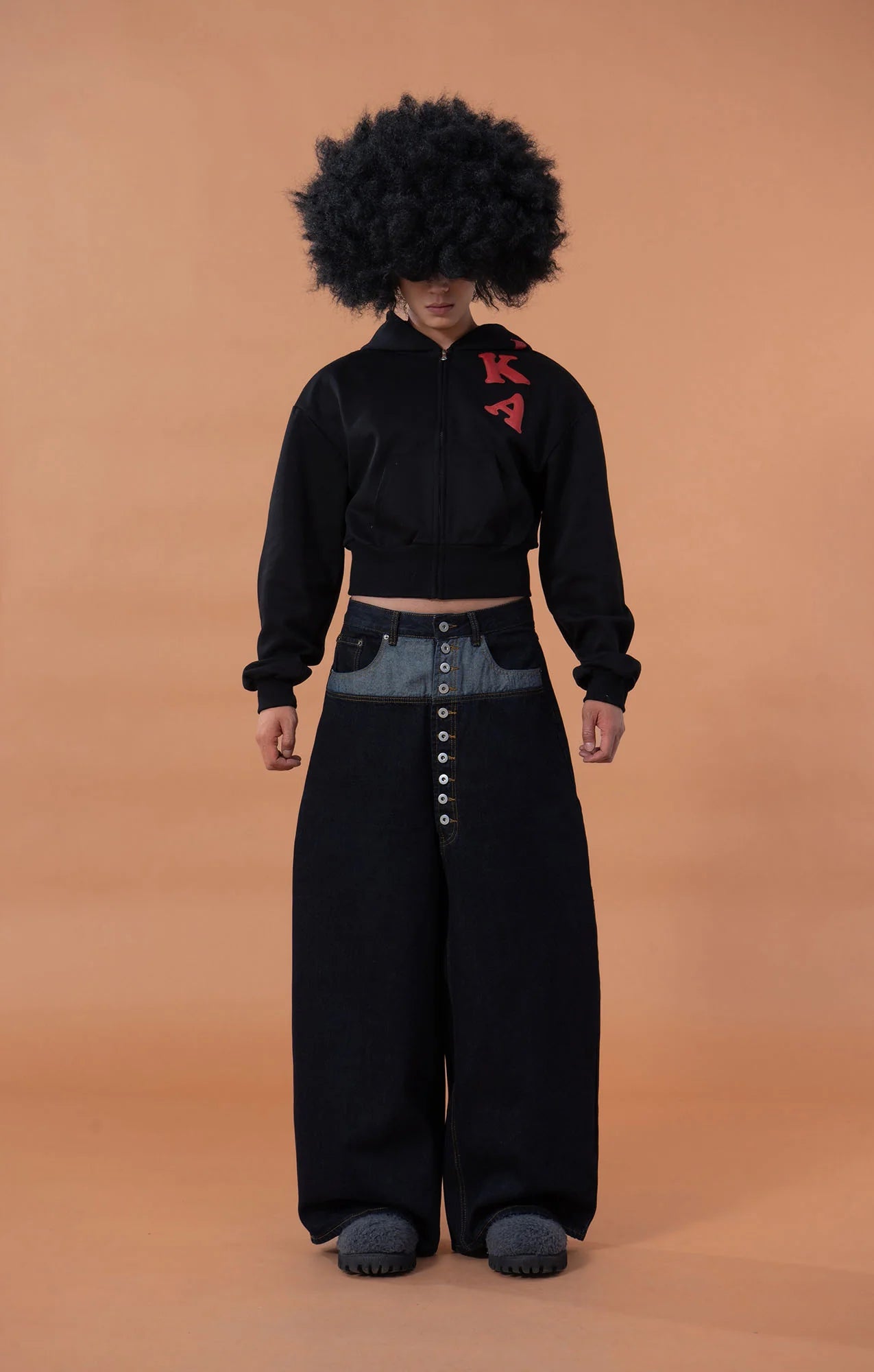 CLP Contrast-Waist Botton-Fly Oversized Raw Jeans
