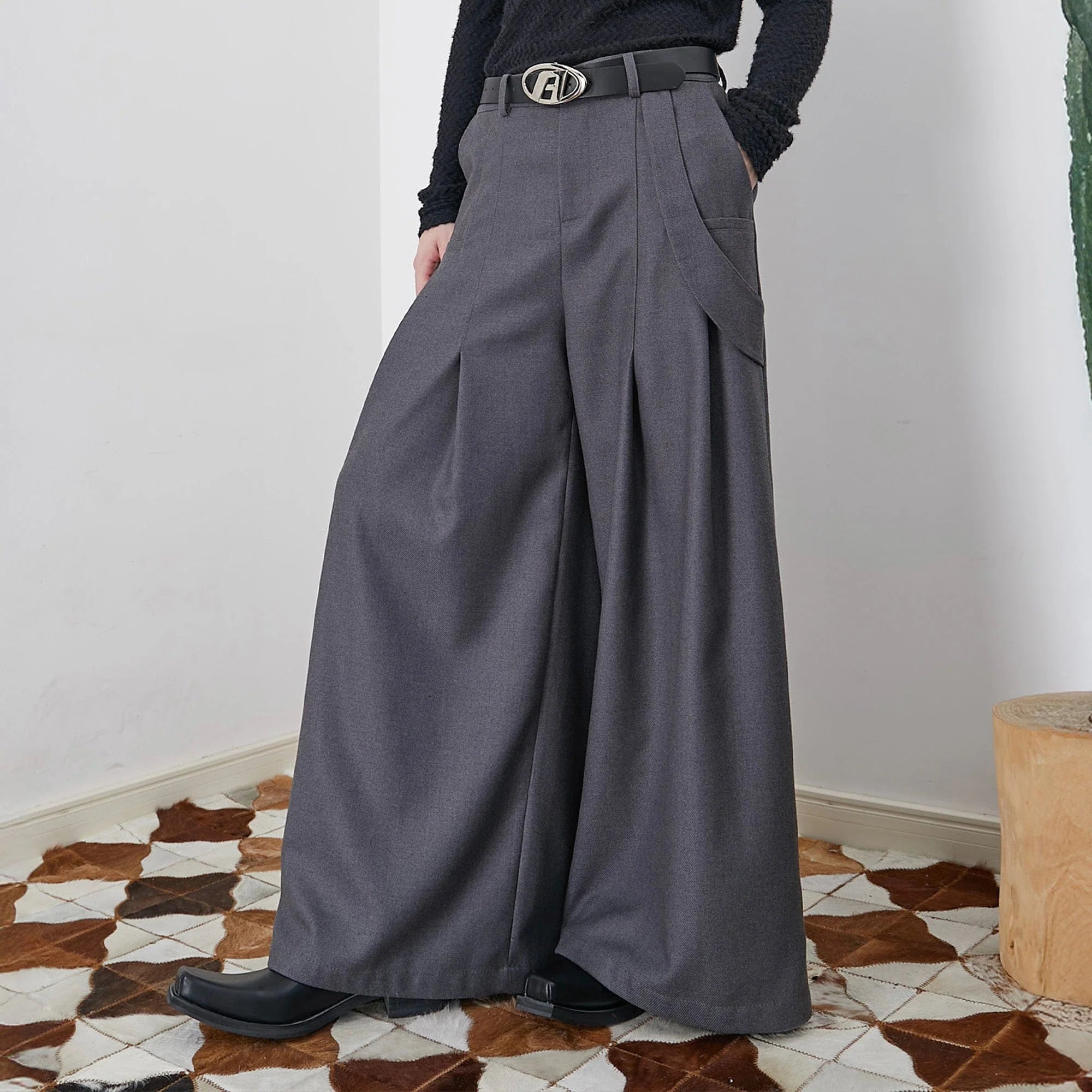 ASSEEN Asymmetrical Tab Pleated Wide-Leg Pants Gray