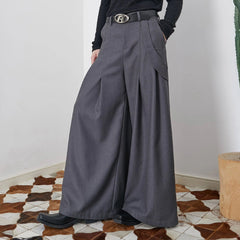 ASSEEN Asymmetrical Tab Pleated Wide-Leg Pants Gray