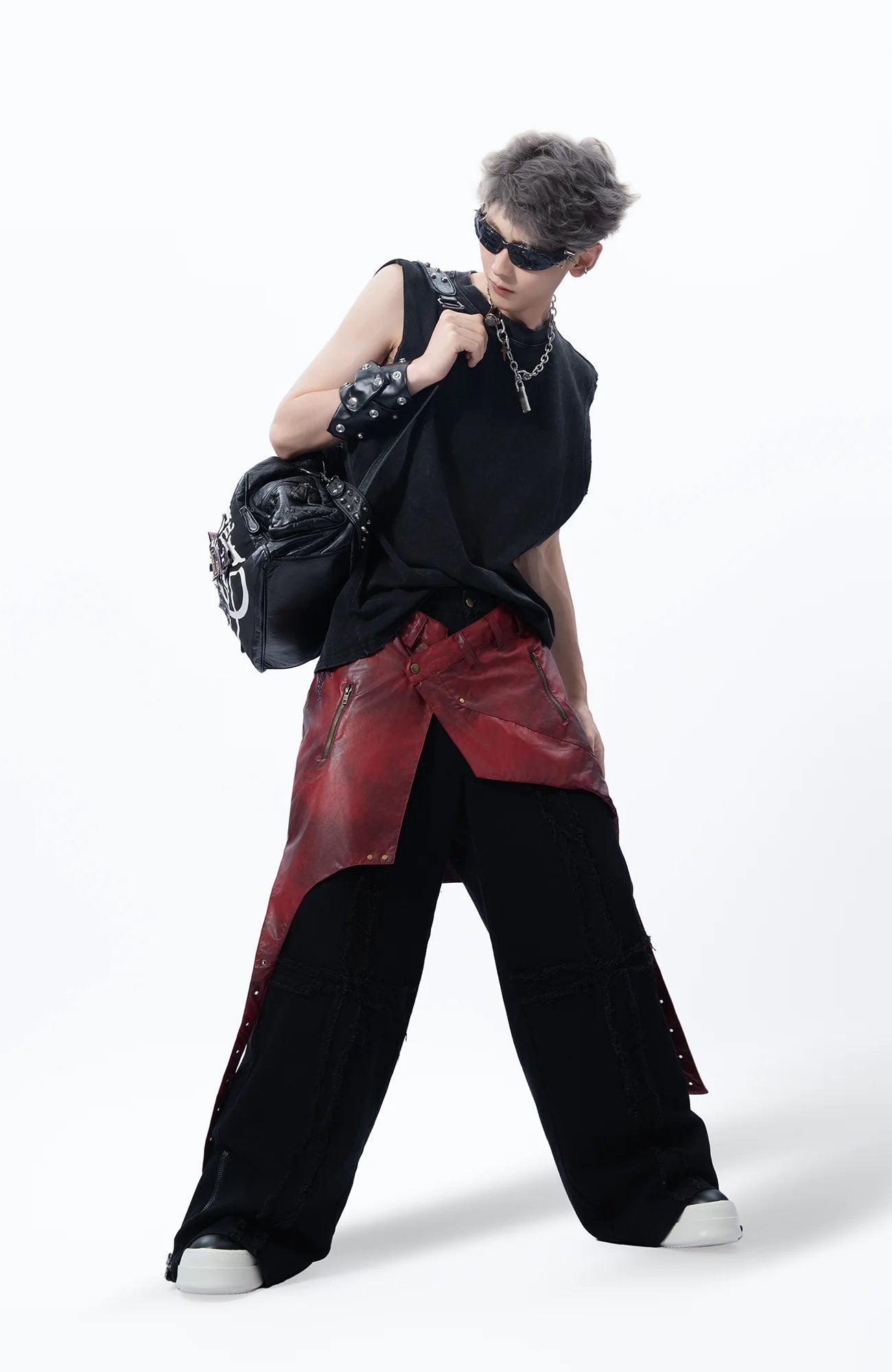 MOGONGSHE Detachable PU Drape  Frayed Cross Jeans