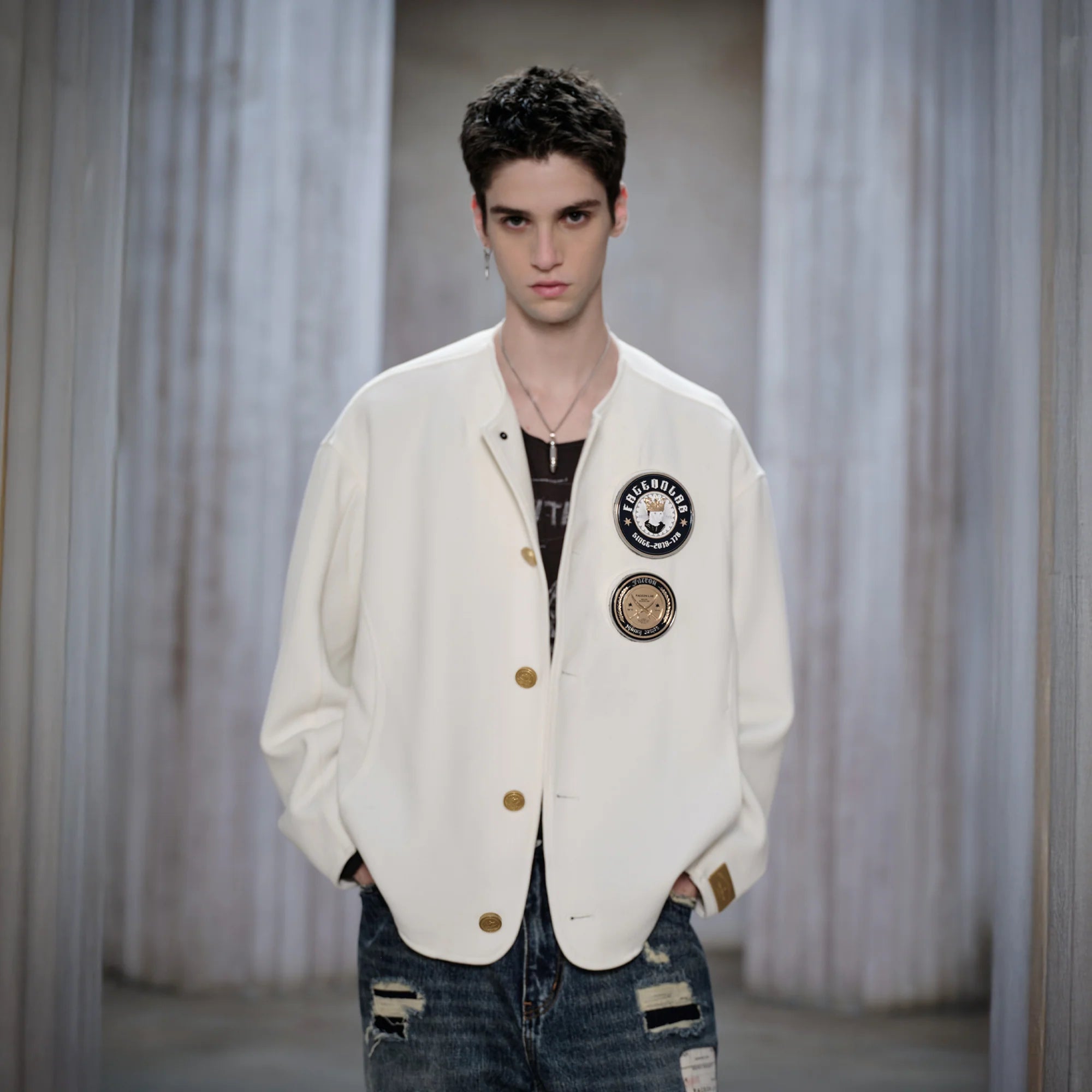 FACEONLAB Badge-Patch Crew-Neck Oversized Jacket