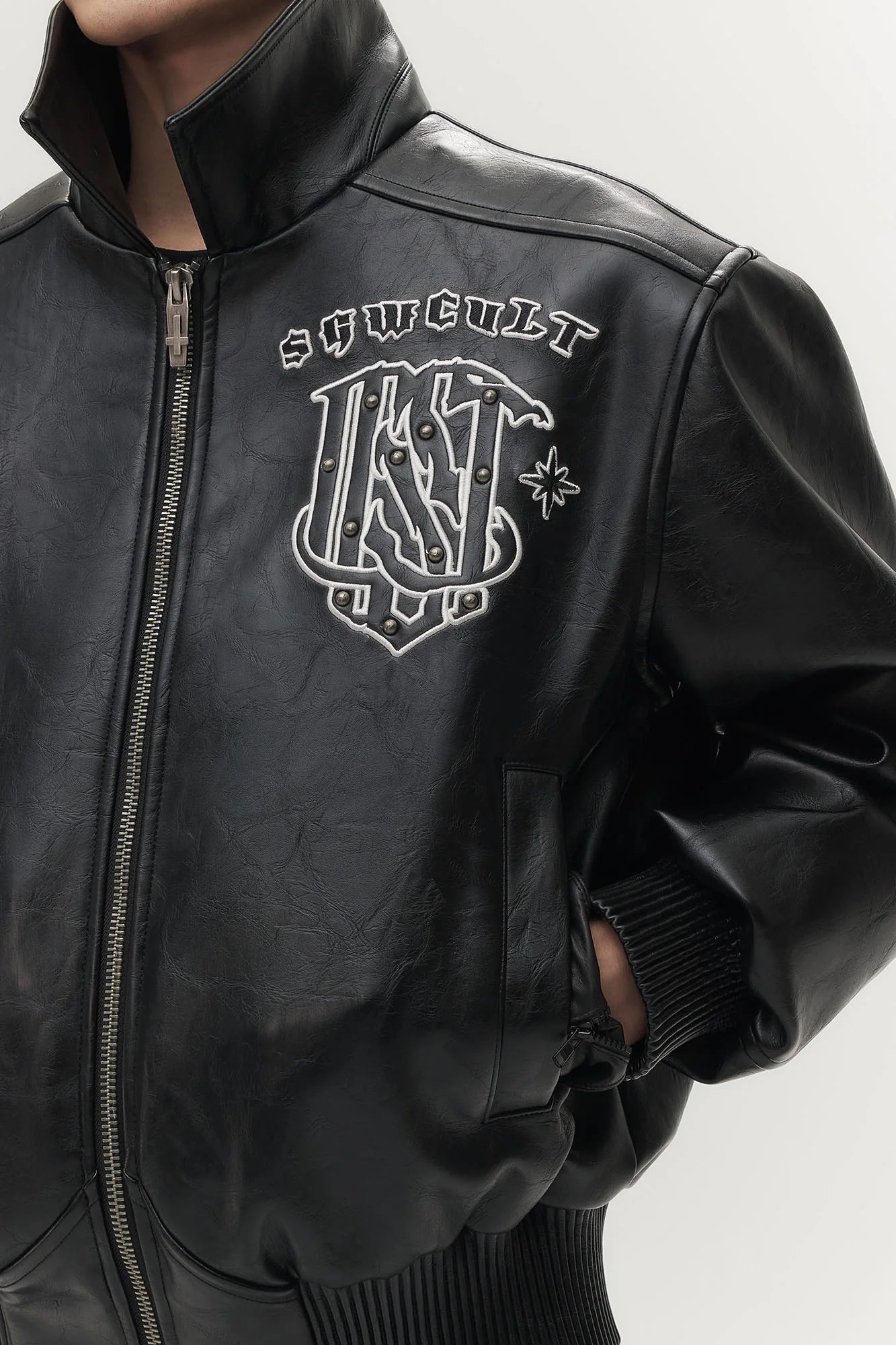 SAVAGEGROWTHWORLD No.05 Patch Faux Leather Studded Moto Jacket